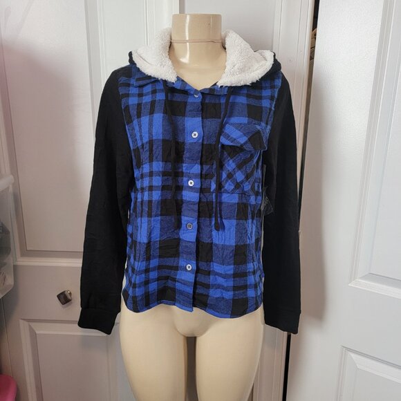 NOBO NO Boundaries Blue/Black Flannel Button Down Hoodie w Fleece Lining - Picture 2 of 9